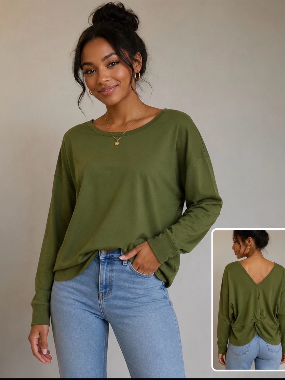 CAbi Olive Green Twist-Back Long Sleeve Top